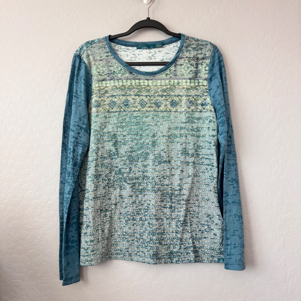 prAna XL Top Teal Blue Long Sleeve Burnout Geometric Medallion Print Tee